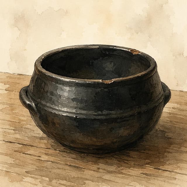 an old, dark earthenware ttukbaegi pot with a slightly chipped rim, sitting on a plain wooden surface, ink and watercolor style
Chat attachment instruction: Generate exactly one in-world chat attachment, not a collage, split-screen, comic panel, flashback, or explanatory scene. If the prompt is a screenshot, phone screen, document, note, card, map, receipt, label, object photo, or photo someone took, frame that artifact directly. A name appearing in visible text or in 'photo taken by X' is not an instruction to draw that person. Do not show recurring story participants as visible people unless the prompt itself explicitly says they are visible. Keep unrequested people, faces, and bodies out of the image.