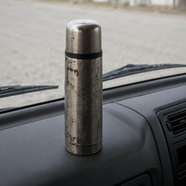A worn metal thermos flask sitting on a clean, plain truck dashboard
Chat attachment instruction: Generate exactly one in-world chat attachment, not a collage, split-screen, comic panel, flashback, or explanatory scene. If the prompt is a screenshot, phone screen, document, note, card, map, receipt, label, object photo, or photo someone took, frame that artifact directly. A name appearing in visible text or in 'photo taken by X' is not an instruction to draw that person. Do not show recurring story participants as visible people unless the prompt itself explicitly says they are visible. Keep unrequested people, faces, and bodies out of the image.