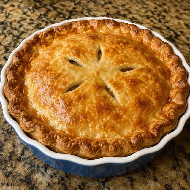 a round golden pie in a ceramic baking dish
Chat attachment instruction: Generate exactly one in-world chat attachment, not a collage, split-screen, comic panel, flashback, or explanatory scene. If the prompt is a screenshot, phone screen, document, note, card, map, receipt, label, object photo, or photo someone took, frame that artifact directly. A name appearing in visible text or in 'photo taken by X' is not an instruction to draw that person. Do not show recurring story participants as visible people unless the prompt itself explicitly says they are visible. Keep unrequested people, faces, and bodies out of the image.