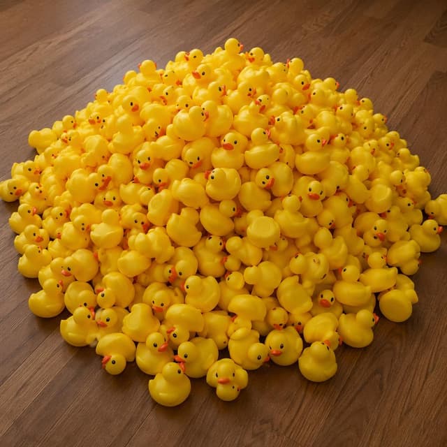 A large heap of small yellow rubber ducks piled together on a plain wooden floor
Chat attachment instruction: Generate exactly one in-world chat attachment, not a collage, split-screen, comic panel, flashback, or explanatory scene. If the prompt is a screenshot, phone screen, document, note, card, map, receipt, label, object photo, or photo someone took, frame that artifact directly. A name appearing in visible text or in 'photo taken by X' is not an instruction to draw that person. Do not show recurring story participants as visible people unless the prompt itself explicitly says they are visible. Keep unrequested people, faces, and bodies out of the image.