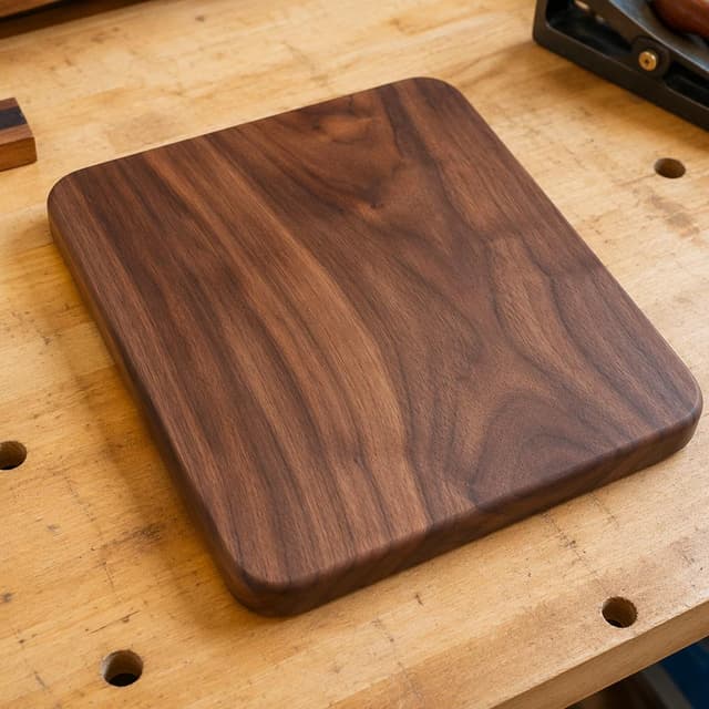 A single smooth, freshly planed walnut cutting board on a clean workshop workbench
Chat attachment instruction: Generate exactly one in-world chat attachment, not a collage, split-screen, comic panel, flashback, or explanatory scene. If the prompt is a screenshot, phone screen, document, note, card, map, receipt, label, object photo, or photo someone took, frame that artifact directly. A name appearing in visible text or in 'photo taken by X' is not an instruction to draw that person. Do not show recurring story participants as visible people unless the prompt itself explicitly says they are visible. Keep unrequested people, faces, and bodies out of the image.