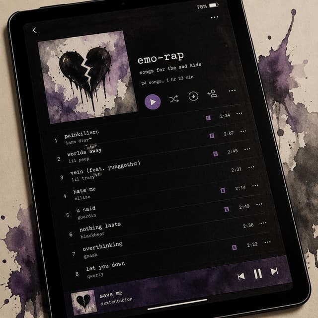 A digital tablet screen showing a music playlist with emo-rap song titles, ink and watercolor style
Chat attachment instruction: Generate exactly one in-world chat attachment, not a collage, split-screen, comic panel, flashback, or explanatory scene. If the prompt is a screenshot, phone screen, document, note, card, map, receipt, label, object photo, or photo someone took, frame that artifact directly. A name appearing in visible text or in 'photo taken by X' is not an instruction to draw that person. Do not show recurring story participants as visible people unless the prompt itself explicitly says they are visible. Keep unrequested people, faces, and bodies out of the image.