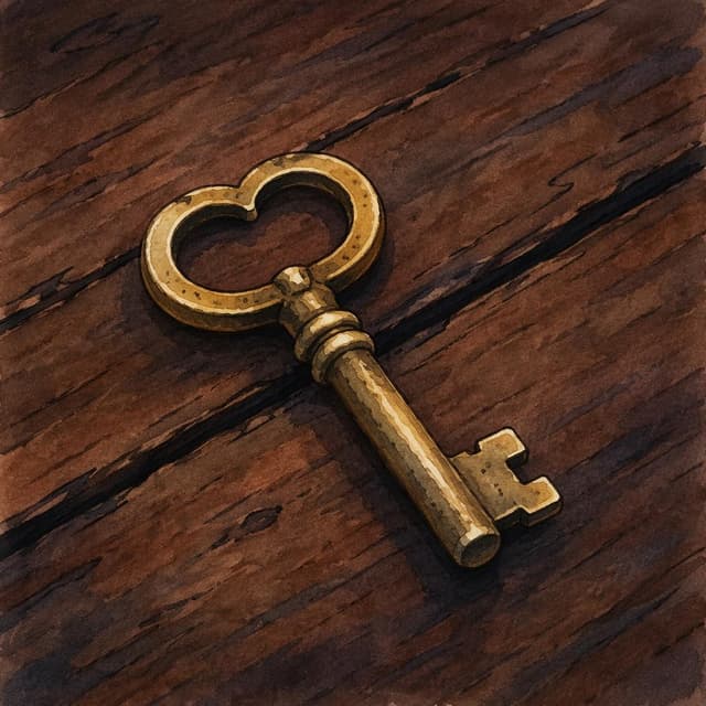 A small old brass key on a dark wooden surface, charming ink and watercolor painting, clean lines, vibrant but soft color palette, storybook style
Chat attachment instruction: Generate exactly one in-world chat attachment, not a collage, split-screen, comic panel, flashback, or explanatory scene. If the prompt is a screenshot, phone screen, document, note, card, map, receipt, label, object photo, or photo someone took, frame that artifact directly. A name appearing in visible text or in 'photo taken by X' is not an instruction to draw that person. Do not show recurring story participants as visible people unless the prompt itself explicitly says they are visible. Keep unrequested people, faces, and bodies out of the image.