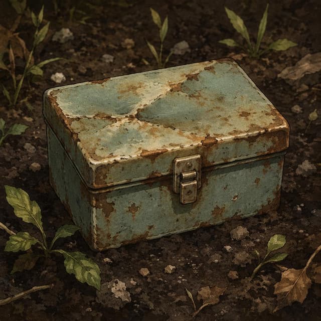 A dented, rust-spotted metal box sitting on dark soil, storybook style
Chat attachment instruction: Generate exactly one in-world chat attachment, not a collage, split-screen, comic panel, flashback, or explanatory scene. If the prompt is a screenshot, phone screen, document, note, card, map, receipt, label, object photo, or photo someone took, frame that artifact directly. A name appearing in visible text or in 'photo taken by X' is not an instruction to draw that person. Do not show recurring story participants as visible people unless the prompt itself explicitly says they are visible. Keep unrequested people, faces, and bodies out of the image.