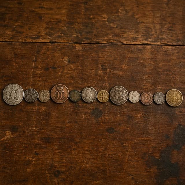 A dozen old metal coins of varying sizes arranged in a row on a worn wooden table, storybook style
Chat attachment instruction: Generate exactly one in-world chat attachment, not a collage, split-screen, comic panel, flashback, or explanatory scene. If the prompt is a screenshot, phone screen, document, note, card, map, receipt, label, object photo, or photo someone took, frame that artifact directly. A name appearing in visible text or in 'photo taken by X' is not an instruction to draw that person. Do not show recurring story participants as visible people unless the prompt itself explicitly says they are visible. Keep unrequested people, faces, and bodies out of the image.