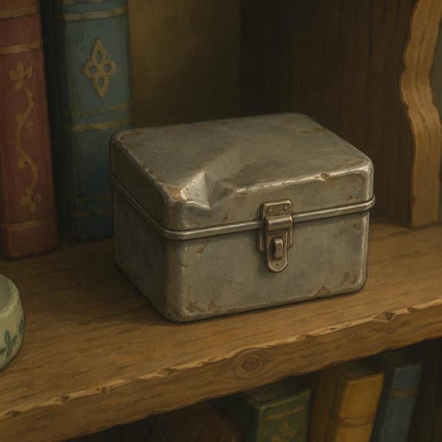 A small dented metal box sitting on a wooden shelf, storybook style
Chat attachment instruction: Generate exactly one in-world chat attachment, not a collage, split-screen, comic panel, flashback, or explanatory scene. If the prompt is a screenshot, phone screen, document, note, card, map, receipt, label, object photo, or photo someone took, frame that artifact directly. A name appearing in visible text or in 'photo taken by X' is not an instruction to draw that person. Do not show recurring story participants as visible people unless the prompt itself explicitly says they are visible. Keep unrequested people, faces, and bodies out of the image.