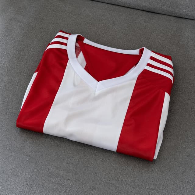 a folded red and white sports jersey on a plain grey cushion
Chat attachment instruction: Generate exactly one in-world chat attachment, not a collage, split-screen, comic panel, flashback, or explanatory scene. If the prompt is a screenshot, phone screen, document, note, card, map, receipt, label, object photo, or photo someone took, frame that artifact directly. A name appearing in visible text or in 'photo taken by X' is not an instruction to draw that person. Do not show recurring story participants as visible people unless the prompt itself explicitly says they are visible. Keep unrequested people, faces, and bodies out of the image.