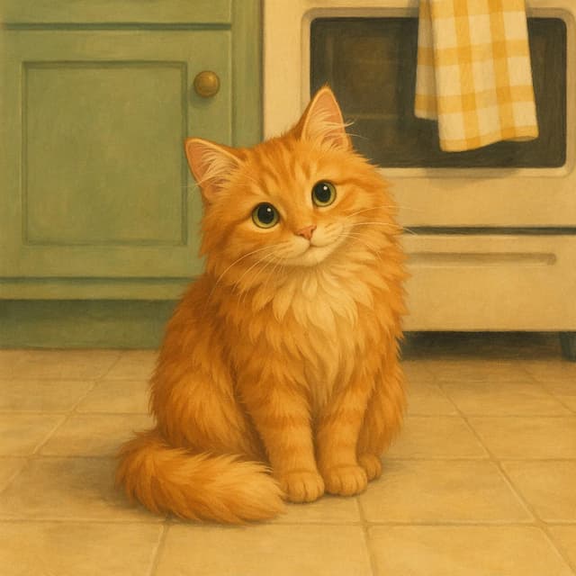 A fluffy orange cat sitting on a plain kitchen floor, storybook style
Chat attachment instruction: Generate exactly one in-world chat attachment, not a collage, split-screen, comic panel, flashback, or explanatory scene. If the prompt is a screenshot, phone screen, document, note, card, map, receipt, label, object photo, or photo someone took, frame that artifact directly. A name appearing in visible text or in 'photo taken by X' is not an instruction to draw that person. Do not show recurring story participants as visible people unless the prompt itself explicitly says they are visible. Keep unrequested people, faces, and bodies out of the image.