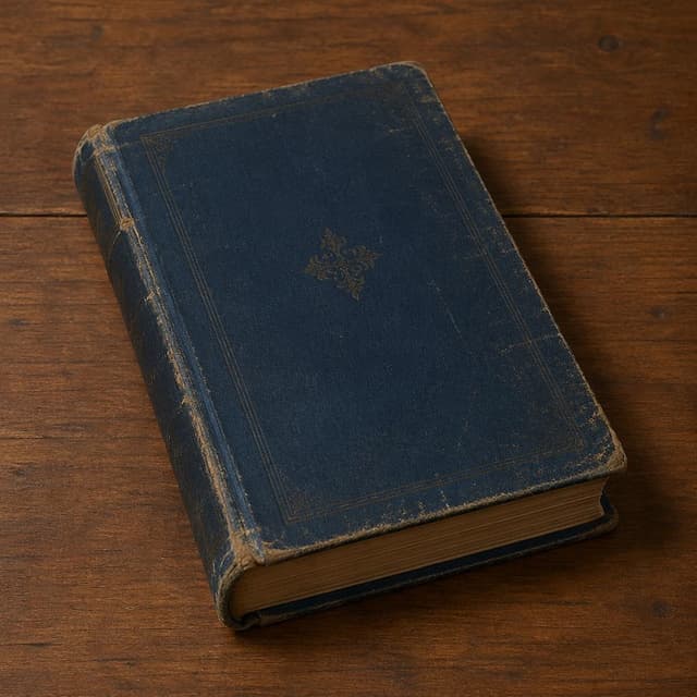 A worn, dark blue hardcover book lying closed on a plain wooden table, simple and clean composition, storybook style
Chat attachment instruction: Generate exactly one in-world chat attachment, not a collage, split-screen, comic panel, flashback, or explanatory scene. If the prompt is a screenshot, phone screen, document, note, card, map, receipt, label, object photo, or photo someone took, frame that artifact directly. A name appearing in visible text or in 'photo taken by X' is not an instruction to draw that person. Do not show recurring story participants as visible people unless the prompt itself explicitly says they are visible. Keep unrequested people, faces, and bodies out of the image.