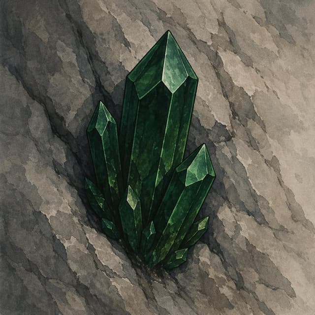A single dark green crystal formation resting against bare grey rock, storybook style
Chat attachment instruction: Generate exactly one in-world chat attachment, not a collage, split-screen, comic panel, flashback, or explanatory scene. If the prompt is a screenshot, phone screen, document, note, card, map, receipt, label, object photo, or photo someone took, frame that artifact directly. A name appearing in visible text or in 'photo taken by X' is not an instruction to draw that person. Do not show recurring story participants as visible people unless the prompt itself explicitly says they are visible. Keep unrequested people, faces, and bodies out of the image.