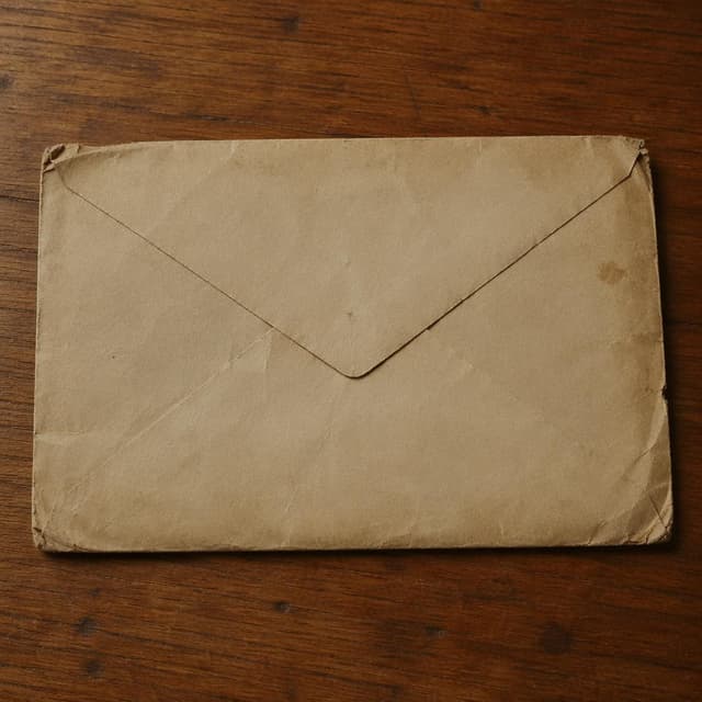 A worn paper envelope resting flat on a plain wooden table, creased and softened at the corners
Chat attachment instruction: Generate exactly one in-world chat attachment, not a collage, split-screen, comic panel, flashback, or explanatory scene. If the prompt is a screenshot, phone screen, document, note, card, map, receipt, label, object photo, or photo someone took, frame that artifact directly. A name appearing in visible text or in 'photo taken by X' is not an instruction to draw that person. Do not show recurring story participants as visible people unless the prompt itself explicitly says they are visible. Keep unrequested people, faces, and bodies out of the image.