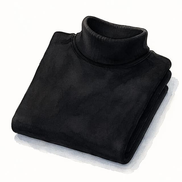 A simple black high-neck top folded neatly on a plain white surface, charming ink and watercolor painting, clean lines, vibrant but soft color palette, storybook style
Chat attachment instruction: Generate exactly one in-world chat attachment, not a collage, split-screen, comic panel, flashback, or explanatory scene. If the prompt is a screenshot, phone screen, document, note, card, map, receipt, label, object photo, or photo someone took, frame that artifact directly. A name appearing in visible text or in 'photo taken by X' is not an instruction to draw that person. Do not show recurring story participants as visible people unless the prompt itself explicitly says they are visible. Keep unrequested people, faces, and bodies out of the image.