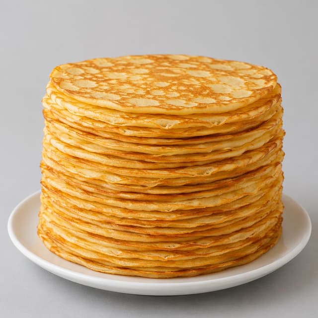 A tall golden stack of bliny on a white ceramic plate, plain pale-grey background
Chat attachment instruction: Generate exactly one in-world chat attachment, not a collage, split-screen, comic panel, flashback, or explanatory scene. If the prompt is a screenshot, phone screen, document, note, card, map, receipt, label, object photo, or photo someone took, frame that artifact directly. A name appearing in visible text or in 'photo taken by X' is not an instruction to draw that person. Do not show recurring story participants as visible people unless the prompt itself explicitly says they are visible. Keep unrequested people, faces, and bodies out of the image.