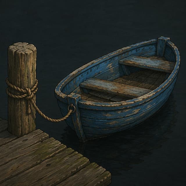 An old blue wooden rowboat tied to a weathered dock post on a plain dark water background, storybook style
Chat attachment instruction: Generate exactly one in-world chat attachment, not a collage, split-screen, comic panel, flashback, or explanatory scene. If the prompt is a screenshot, phone screen, document, note, card, map, receipt, label, object photo, or photo someone took, frame that artifact directly. A name appearing in visible text or in 'photo taken by X' is not an instruction to draw that person. Do not show recurring story participants as visible people unless the prompt itself explicitly says they are visible. Keep unrequested people, faces, and bodies out of the image.