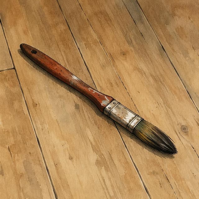 A single paintbrush lying on a plain wooden floor, ink and watercolor style
Chat attachment instruction: Generate exactly one in-world chat attachment, not a collage, split-screen, comic panel, flashback, or explanatory scene. If the prompt is a screenshot, phone screen, document, note, card, map, receipt, label, object photo, or photo someone took, frame that artifact directly. A name appearing in visible text or in 'photo taken by X' is not an instruction to draw that person. Do not show recurring story participants as visible people unless the prompt itself explicitly says they are visible. Keep unrequested people, faces, and bodies out of the image.