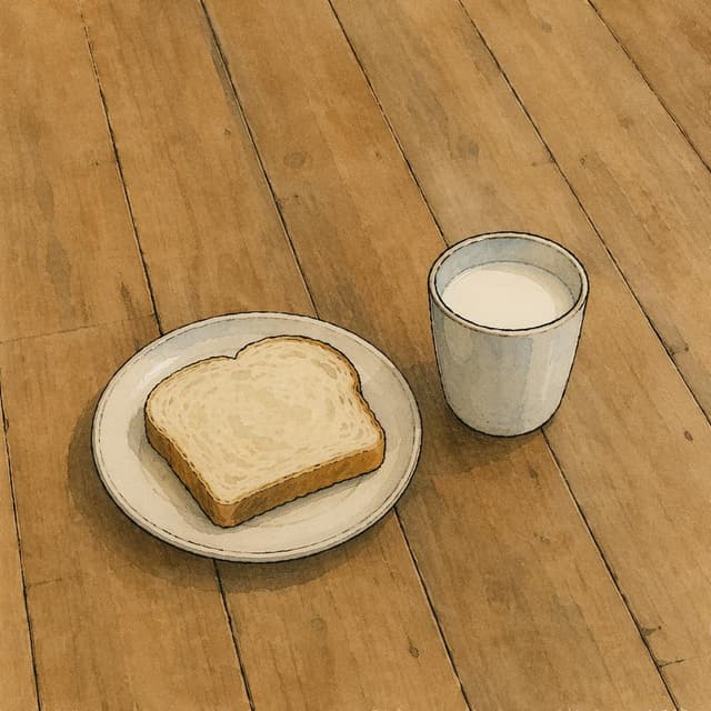 A small plain plate with a slice of bread and a cup of milk on a bare wooden floor, ink and watercolor style
Chat attachment instruction: Generate exactly one in-world chat attachment, not a collage, split-screen, comic panel, flashback, or explanatory scene. If the prompt is a screenshot, phone screen, document, note, card, map, receipt, label, object photo, or photo someone took, frame that artifact directly. A name appearing in visible text or in 'photo taken by X' is not an instruction to draw that person. Do not show recurring story participants as visible people unless the prompt itself explicitly says they are visible. Keep unrequested people, faces, and bodies out of the image.