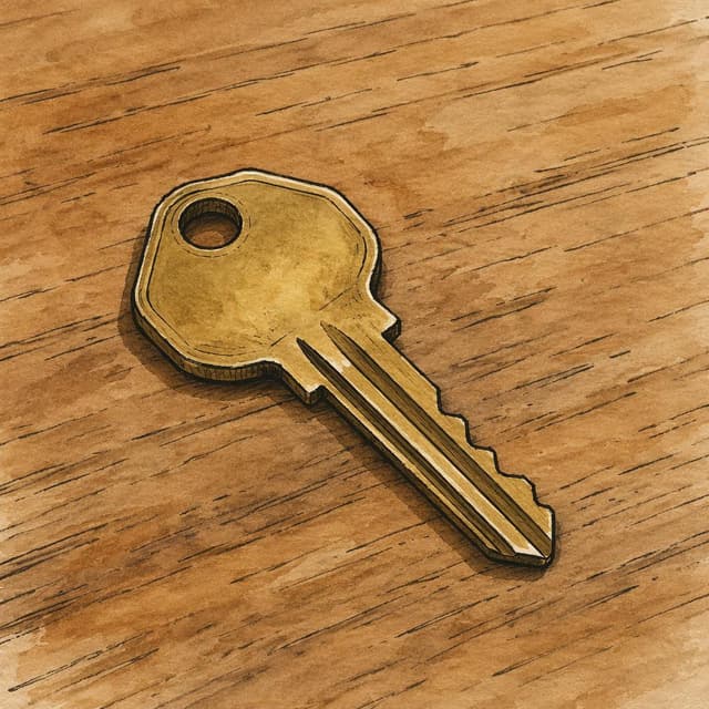 A single brass key lying on a plain wooden table, ink and watercolor style
Chat attachment instruction: Generate exactly one in-world chat attachment, not a collage, split-screen, comic panel, flashback, or explanatory scene. If the prompt is a screenshot, phone screen, document, note, card, map, receipt, label, object photo, or photo someone took, frame that artifact directly. A name appearing in visible text or in 'photo taken by X' is not an instruction to draw that person. Do not show recurring story participants as visible people unless the prompt itself explicitly says they are visible. Keep unrequested people, faces, and bodies out of the image.