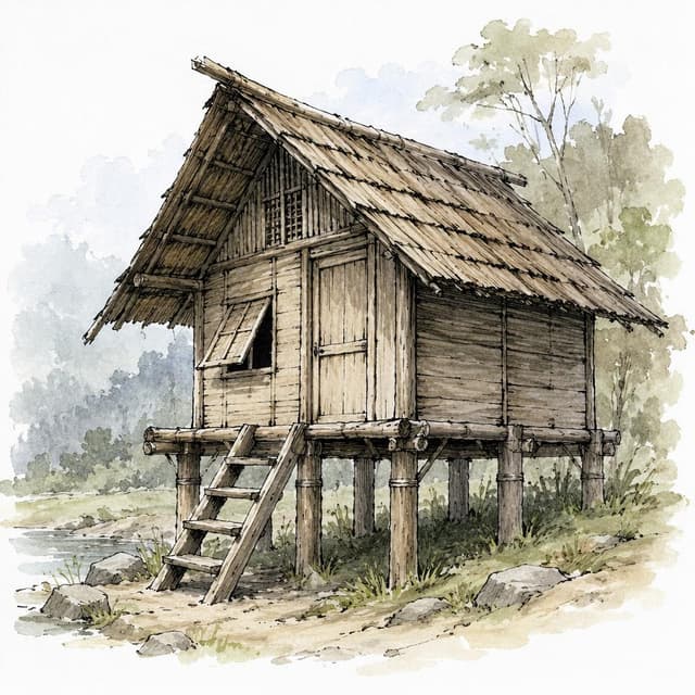 The same wooden hut on log stilts, angled differently, simple ink and watercolor style
Chat attachment instruction: Generate exactly one in-world chat attachment, not a collage, split-screen, comic panel, flashback, or explanatory scene. If the prompt is a screenshot, phone screen, document, note, card, map, receipt, label, object photo, or photo someone took, frame that artifact directly. A name appearing in visible text or in 'photo taken by X' is not an instruction to draw that person. Do not show recurring story participants as visible people unless the prompt itself explicitly says they are visible. Keep unrequested people, faces, and bodies out of the image.