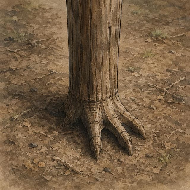 A single thick wooden post, carved at the base into the rough shape of a bird's clawed foot, standing on plain forest soil, simple ink and watercolor style
Chat attachment instruction: Generate exactly one in-world chat attachment, not a collage, split-screen, comic panel, flashback, or explanatory scene. If the prompt is a screenshot, phone screen, document, note, card, map, receipt, label, object photo, or photo someone took, frame that artifact directly. A name appearing in visible text or in 'photo taken by X' is not an instruction to draw that person. Do not show recurring story participants as visible people unless the prompt itself explicitly says they are visible. Keep unrequested people, faces, and bodies out of the image.