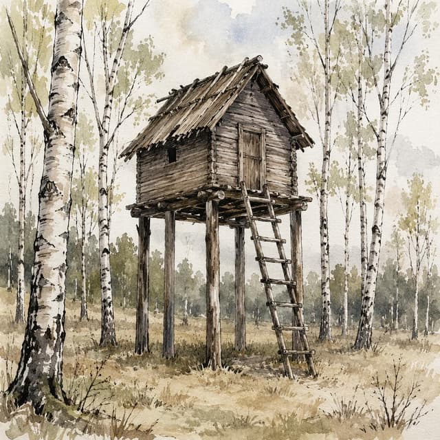 An old wooden hut on tall log stilts in a clearing surrounded by birch trees, simple ink and watercolor style
Chat attachment instruction: Generate exactly one in-world chat attachment, not a collage, split-screen, comic panel, flashback, or explanatory scene. If the prompt is a screenshot, phone screen, document, note, card, map, receipt, label, object photo, or photo someone took, frame that artifact directly. A name appearing in visible text or in 'photo taken by X' is not an instruction to draw that person. Do not show recurring story participants as visible people unless the prompt itself explicitly says they are visible. Keep unrequested people, faces, and bodies out of the image.