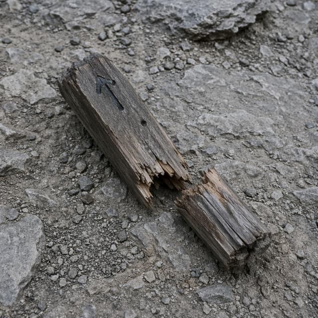A weathered broken wooden trail post lying on rocky ground, snapped in half, plain grey stone background
Chat attachment instruction: Generate exactly one in-world chat attachment, not a collage, split-screen, comic panel, flashback, or explanatory scene. If the prompt is a screenshot, phone screen, document, note, card, map, receipt, label, object photo, or photo someone took, frame that artifact directly. A name appearing in visible text or in 'photo taken by X' is not an instruction to draw that person. Do not show recurring story participants as visible people unless the prompt itself explicitly says they are visible. Keep unrequested people, faces, and bodies out of the image.