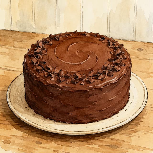 Charming ink and watercolor painting, a single chocolate cake on a plain kitchen table, storybook style
Chat attachment instruction: Generate exactly one in-world chat attachment, not a collage, split-screen, comic panel, flashback, or explanatory scene. If the prompt is a screenshot, phone screen, document, note, card, map, receipt, label, object photo, or photo someone took, frame that artifact directly. A name appearing in visible text or in 'photo taken by X' is not an instruction to draw that person. Do not show recurring story participants as visible people unless the prompt itself explicitly says they are visible. Keep unrequested people, faces, and bodies out of the image.