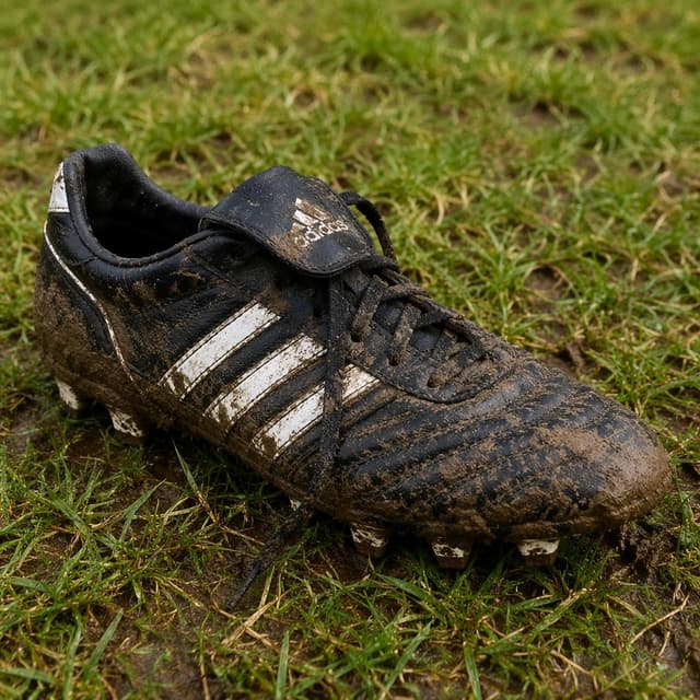 A single muddy football boot lying on grass
Chat attachment instruction: Generate exactly one in-world chat attachment, not a collage, split-screen, comic panel, flashback, or explanatory scene. If the prompt is a screenshot, phone screen, document, note, card, map, receipt, label, object photo, or photo someone took, frame that artifact directly. A name appearing in visible text or in 'photo taken by X' is not an instruction to draw that person. Do not show recurring story participants as visible people unless the prompt itself explicitly says they are visible. Keep unrequested people, faces, and bodies out of the image.