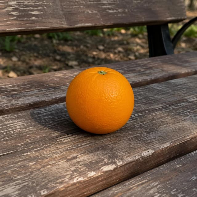 A single orange sitting on a wooden bench
Chat attachment instruction: Generate exactly one in-world chat attachment, not a collage, split-screen, comic panel, flashback, or explanatory scene. If the prompt is a screenshot, phone screen, document, note, card, map, receipt, label, object photo, or photo someone took, frame that artifact directly. A name appearing in visible text or in 'photo taken by X' is not an instruction to draw that person. Do not show recurring story participants as visible people unless the prompt itself explicitly says they are visible. Keep unrequested people, faces, and bodies out of the image.