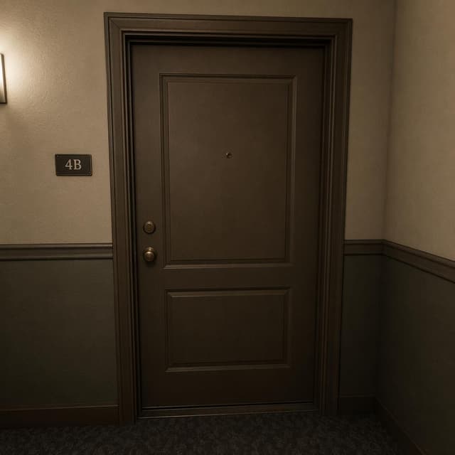 A first-person view of a plain closed apartment door in a hallway
Chat attachment instruction: Generate exactly one in-world chat attachment, not a collage, split-screen, comic panel, flashback, or explanatory scene. If the prompt is a screenshot, phone screen, document, note, card, map, receipt, label, object photo, or photo someone took, frame that artifact directly. A name appearing in visible text or in 'photo taken by X' is not an instruction to draw that person. Do not show recurring story participants as visible people unless the prompt itself explicitly says they are visible. Keep unrequested people, faces, and bodies out of the image.