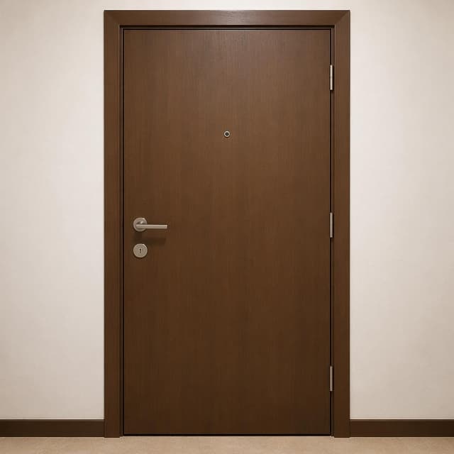 A plain brown wooden apartment door, closed, clean simple background
Chat attachment instruction: Generate exactly one in-world chat attachment, not a collage, split-screen, comic panel, flashback, or explanatory scene. If the prompt is a screenshot, phone screen, document, note, card, map, receipt, label, object photo, or photo someone took, frame that artifact directly. A name appearing in visible text or in 'photo taken by X' is not an instruction to draw that person. Do not show recurring story participants as visible people unless the prompt itself explicitly says they are visible. Keep unrequested people, faces, and bodies out of the image.