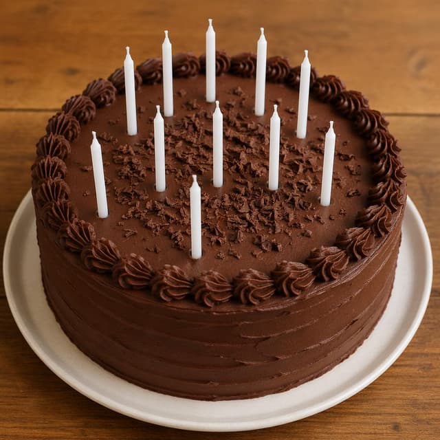 a chocolate birthday cake with plain white candles on top
Chat attachment instruction: Generate exactly one in-world chat attachment, not a collage, split-screen, comic panel, flashback, or explanatory scene. If the prompt is a screenshot, phone screen, document, note, card, map, receipt, label, object photo, or photo someone took, frame that artifact directly. A name appearing in visible text or in 'photo taken by X' is not an instruction to draw that person. Do not show recurring story participants as visible people unless the prompt itself explicitly says they are visible. Keep unrequested people, faces, and bodies out of the image.