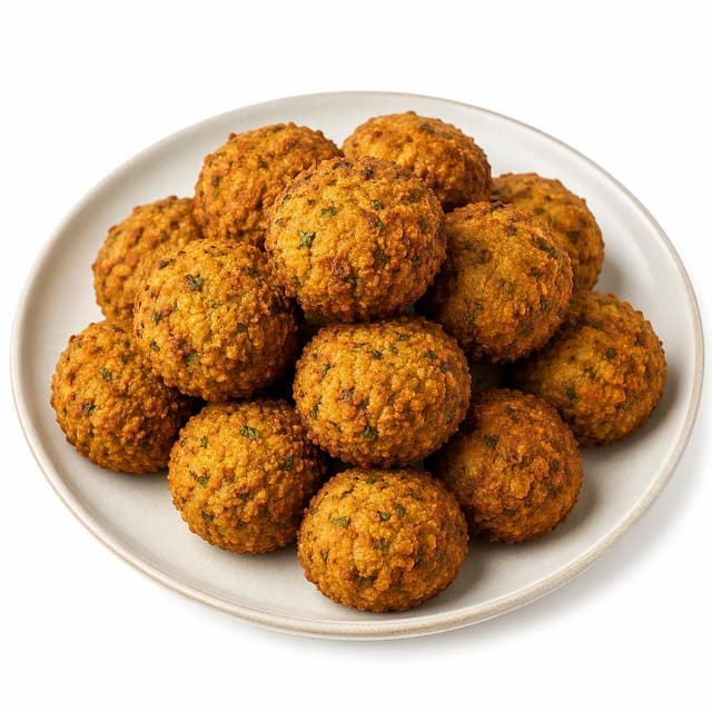 A plate of golden falafel balls on a plain white background
Chat attachment instruction: Generate exactly one in-world chat attachment, not a collage, split-screen, comic panel, flashback, or explanatory scene. If the prompt is a screenshot, phone screen, document, note, card, map, receipt, label, object photo, or photo someone took, frame that artifact directly. A name appearing in visible text or in 'photo taken by X' is not an instruction to draw that person. Do not show recurring story participants as visible people unless the prompt itself explicitly says they are visible. Keep unrequested people, faces, and bodies out of the image.