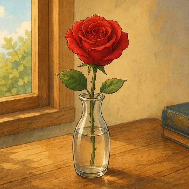 A single red rose in a plain glass vase on a table, storybook style
Chat attachment instruction: Generate exactly one in-world chat attachment, not a collage, split-screen, comic panel, flashback, or explanatory scene. If the prompt is a screenshot, phone screen, document, note, card, map, receipt, label, object photo, or photo someone took, frame that artifact directly. A name appearing in visible text or in 'photo taken by X' is not an instruction to draw that person. Do not show recurring story participants as visible people unless the prompt itself explicitly says they are visible. Keep unrequested people, faces, and bodies out of the image.