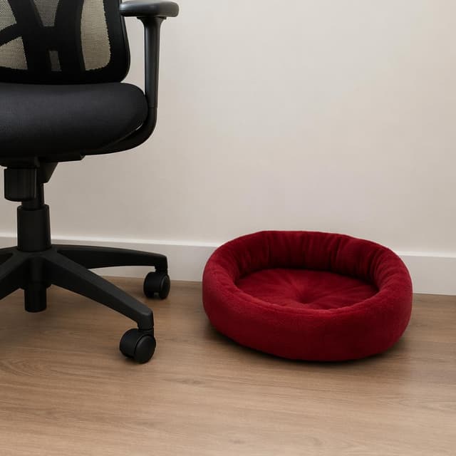 A small red cat bed placed next to an office chair, plain background, no people
Chat attachment instruction: Generate exactly one in-world chat attachment, not a collage, split-screen, comic panel, flashback, or explanatory scene. If the prompt is a screenshot, phone screen, document, note, card, map, receipt, label, object photo, or photo someone took, frame that artifact directly. A name appearing in visible text or in 'photo taken by X' is not an instruction to draw that person. Do not show recurring story participants as visible people unless the prompt itself explicitly says they are visible. Keep unrequested people, faces, and bodies out of the image.