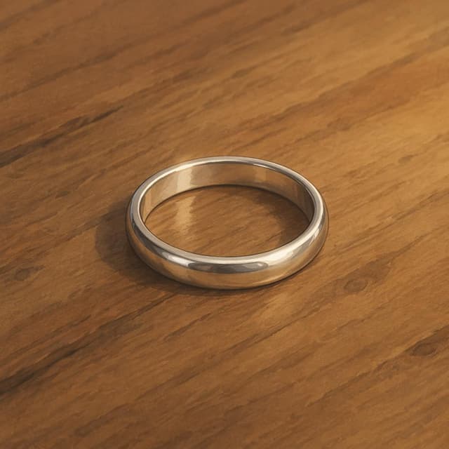 A simple silver wedding ring resting on a plain wooden surface, soft lighting, storybook style
Chat attachment instruction: Generate exactly one in-world chat attachment, not a collage, split-screen, comic panel, flashback, or explanatory scene. If the prompt is a screenshot, phone screen, document, note, card, map, receipt, label, object photo, or photo someone took, frame that artifact directly. A name appearing in visible text or in 'photo taken by X' is not an instruction to draw that person. Do not show recurring story participants as visible people unless the prompt itself explicitly says they are visible. Keep unrequested people, faces, and bodies out of the image.
