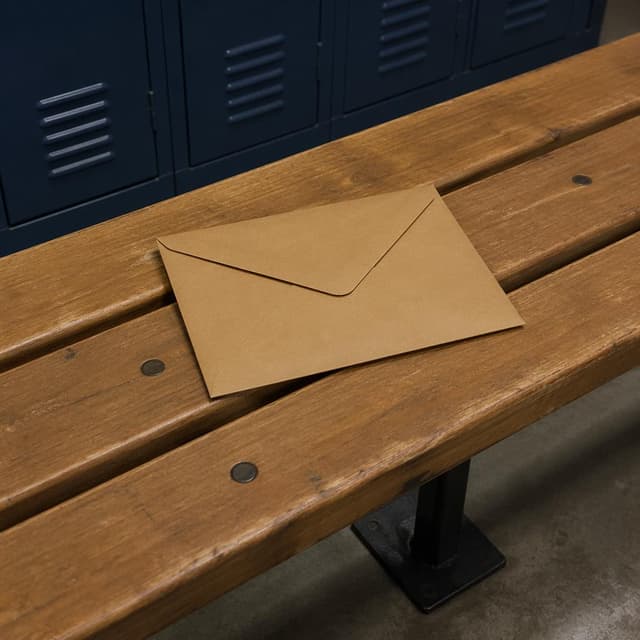 A plain sealed brown envelope lying on a locker room bench
Chat attachment instruction: Generate exactly one in-world chat attachment, not a collage, split-screen, comic panel, flashback, or explanatory scene. If the prompt is a screenshot, phone screen, document, note, card, map, receipt, label, object photo, or photo someone took, frame that artifact directly. A name appearing in visible text or in 'photo taken by X' is not an instruction to draw that person. Do not show recurring story participants as visible people unless the prompt itself explicitly says they are visible. Keep unrequested people, faces, and bodies out of the image.