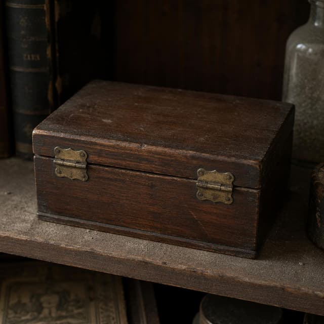 A closed antique wooden box with brass hinges on a dusty shelf
Chat attachment instruction: Generate exactly one in-world chat attachment, not a collage, split-screen, comic panel, flashback, or explanatory scene. If the prompt is a screenshot, phone screen, document, note, card, map, receipt, label, object photo, or photo someone took, frame that artifact directly. A name appearing in visible text or in 'photo taken by X' is not an instruction to draw that person. Do not show recurring story participants as visible people unless the prompt itself explicitly says they are visible. Keep unrequested people, faces, and bodies out of the image.