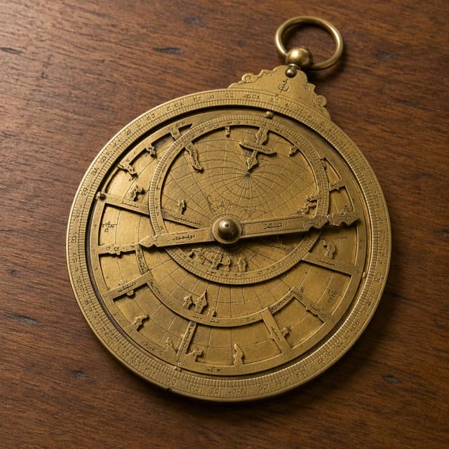 A brass astrolabe on a plain wooden table
Chat attachment instruction: Generate exactly one in-world chat attachment, not a collage, split-screen, comic panel, flashback, or explanatory scene. If the prompt is a screenshot, phone screen, document, note, card, map, receipt, label, object photo, or photo someone took, frame that artifact directly. A name appearing in visible text or in 'photo taken by X' is not an instruction to draw that person. Do not show recurring story participants as visible people unless the prompt itself explicitly says they are visible. Keep unrequested people, faces, and bodies out of the image.