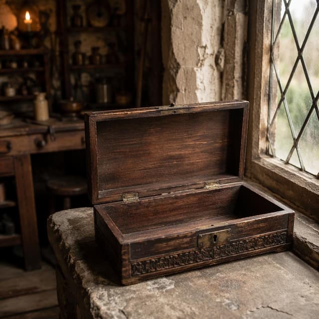 A close-up of the empty antique wooden box on a stone windowsill, with the old workshop in the background
Chat attachment instruction: Generate exactly one in-world chat attachment, not a collage, split-screen, comic panel, flashback, or explanatory scene. If the prompt is a screenshot, phone screen, document, note, card, map, receipt, label, object photo, or photo someone took, frame that artifact directly. A name appearing in visible text or in 'photo taken by X' is not an instruction to draw that person. Do not show recurring story participants as visible people unless the prompt itself explicitly says they are visible. Keep unrequested people, faces, and bodies out of the image.
