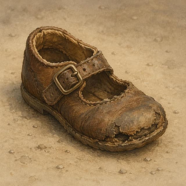 A single, old, worn child's leather shoe on a plain, dusty surface, storybook style
Chat attachment instruction: Generate exactly one in-world chat attachment, not a collage, split-screen, comic panel, flashback, or explanatory scene. If the prompt is a screenshot, phone screen, document, note, card, map, receipt, label, object photo, or photo someone took, frame that artifact directly. A name appearing in visible text or in 'photo taken by X' is not an instruction to draw that person. Do not show recurring story participants as visible people unless the prompt itself explicitly says they are visible. Keep unrequested people, faces, and bodies out of the image.