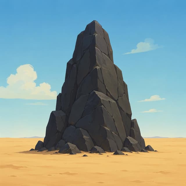 A single large dark rock formation standing alone on empty sand, clean lines, storybook style
Chat attachment instruction: Generate exactly one in-world chat attachment, not a collage, split-screen, comic panel, flashback, or explanatory scene. If the prompt is a screenshot, phone screen, document, note, card, map, receipt, label, object photo, or photo someone took, frame that artifact directly. A name appearing in visible text or in 'photo taken by X' is not an instruction to draw that person. Do not show recurring story participants as visible people unless the prompt itself explicitly says they are visible. Keep unrequested people, faces, and bodies out of the image.