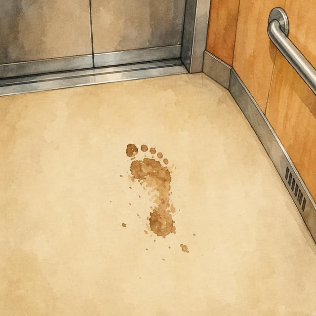 A muddy footprint stain on a plain elevator floor, charming ink and watercolor painting, clean lines, vibrant but soft color palette, storybook style
Chat attachment instruction: Generate exactly one in-world chat attachment, not a collage, split-screen, comic panel, flashback, or explanatory scene. If the prompt is a screenshot, phone screen, document, note, card, map, receipt, label, object photo, or photo someone took, frame that artifact directly. A name appearing in visible text or in 'photo taken by X' is not an instruction to draw that person. Do not show recurring story participants as visible people unless the prompt itself explicitly says they are visible. Keep unrequested people, faces, and bodies out of the image.