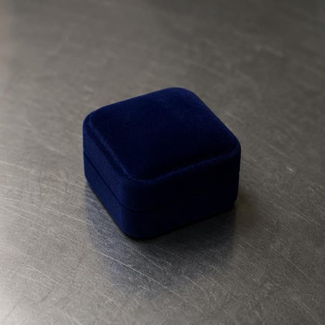 a small dark blue velvet ring box, closed, sitting alone on a metal table surface
Chat attachment instruction: Generate exactly one in-world chat attachment, not a collage, split-screen, comic panel, flashback, or explanatory scene. If the prompt is a screenshot, phone screen, document, note, card, map, receipt, label, object photo, or photo someone took, frame that artifact directly. A name appearing in visible text or in 'photo taken by X' is not an instruction to draw that person. Do not show recurring story participants as visible people unless the prompt itself explicitly says they are visible. Keep unrequested people, faces, and bodies out of the image.