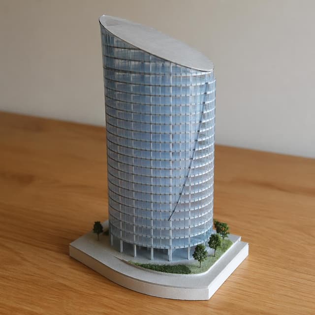 A small handmade architectural scale model of a curved glass tower, sitting on a plain wooden desk
Chat attachment instruction: Generate exactly one in-world chat attachment, not a collage, split-screen, comic panel, flashback, or explanatory scene. If the prompt is a screenshot, phone screen, document, note, card, map, receipt, label, object photo, or photo someone took, frame that artifact directly. A name appearing in visible text or in 'photo taken by X' is not an instruction to draw that person. Do not show recurring story participants as visible people unless the prompt itself explicitly says they are visible. Keep unrequested people, faces, and bodies out of the image.