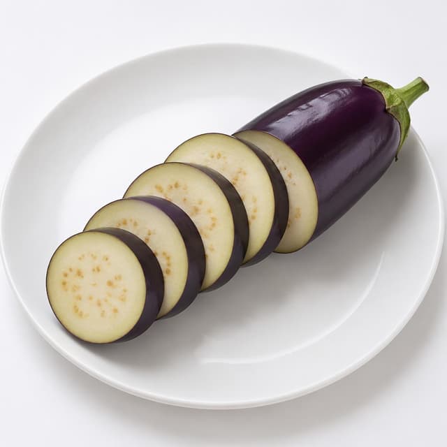 A purple eggplant, sliced into round pieces, on a plain white plate
Chat attachment instruction: Generate exactly one in-world chat attachment, not a collage, split-screen, comic panel, flashback, or explanatory scene. If the prompt is a screenshot, phone screen, document, note, card, map, receipt, label, object photo, or photo someone took, frame that artifact directly. A name appearing in visible text or in 'photo taken by X' is not an instruction to draw that person. Do not show recurring story participants as visible people unless the prompt itself explicitly says they are visible. Keep unrequested people, faces, and bodies out of the image.