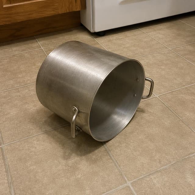 A large cooking pot lying on its side on a plain tiled kitchen floor
Chat attachment instruction: Generate exactly one in-world chat attachment, not a collage, split-screen, comic panel, flashback, or explanatory scene. If the prompt is a screenshot, phone screen, document, note, card, map, receipt, label, object photo, or photo someone took, frame that artifact directly. A name appearing in visible text or in 'photo taken by X' is not an instruction to draw that person. Do not show recurring story participants as visible people unless the prompt itself explicitly says they are visible. Keep unrequested people, faces, and bodies out of the image.