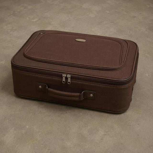 A packed brown fabric travel suitcase, closed, sitting alone on a plain floor
Chat attachment instruction: Generate exactly one in-world chat attachment, not a collage, split-screen, comic panel, flashback, or explanatory scene. If the prompt is a screenshot, phone screen, document, note, card, map, receipt, label, object photo, or photo someone took, frame that artifact directly. A name appearing in visible text or in 'photo taken by X' is not an instruction to draw that person. Do not show recurring story participants as visible people unless the prompt itself explicitly says they are visible. Keep unrequested people, faces, and bodies out of the image.