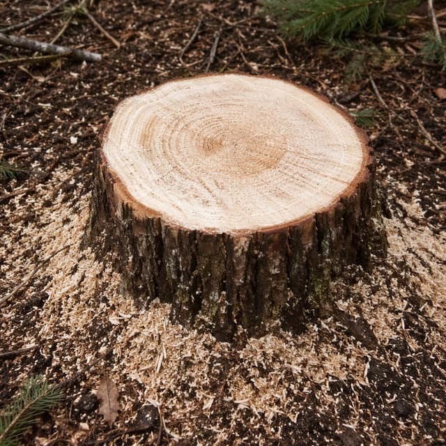 A freshly cut cedar tree stump with pale wood exposed, sawdust scattered around its base
Chat attachment instruction: Generate exactly one in-world chat attachment, not a collage, split-screen, comic panel, flashback, or explanatory scene. If the prompt is a screenshot, phone screen, document, note, card, map, receipt, label, object photo, or photo someone took, frame that artifact directly. A name appearing in visible text or in 'photo taken by X' is not an instruction to draw that person. Do not show recurring story participants as visible people unless the prompt itself explicitly says they are visible. Keep unrequested people, faces, and bodies out of the image.