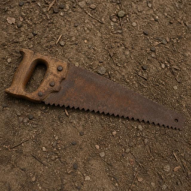 A rusty old handsaw with a wooden handle, lying on bare ground
Chat attachment instruction: Generate exactly one in-world chat attachment, not a collage, split-screen, comic panel, flashback, or explanatory scene. If the prompt is a screenshot, phone screen, document, note, card, map, receipt, label, object photo, or photo someone took, frame that artifact directly. A name appearing in visible text or in 'photo taken by X' is not an instruction to draw that person. Do not show recurring story participants as visible people unless the prompt itself explicitly says they are visible. Keep unrequested people, faces, and bodies out of the image.