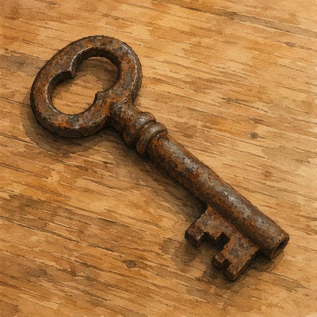 A single rusty iron key resting on a plain wooden table, ink and watercolor style
Chat attachment instruction: Generate exactly one in-world chat attachment, not a collage, split-screen, comic panel, flashback, or explanatory scene. If the prompt is a screenshot, phone screen, document, note, card, map, receipt, label, object photo, or photo someone took, frame that artifact directly. A name appearing in visible text or in 'photo taken by X' is not an instruction to draw that person. Do not show recurring story participants as visible people unless the prompt itself explicitly says they are visible. Keep unrequested people, faces, and bodies out of the image.